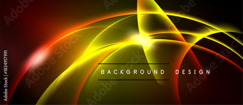 Abstract design features vibrant yellow, orange curves. Dark background creates dramatic contrast. Text reads background design.