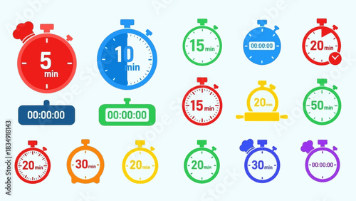 Collection of Colorful Timer Icons Representing Various Time Intervals for Cooking and Baking