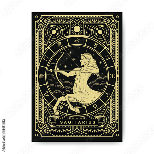 Sagittarius zodiac card designed with a luxurious engraved aesthetic, infused with mystical and bohemian symbolism, ideal for spiritual and tarot-focused theme