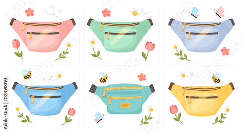 Set of six cute pastel fanny packs decorated with spring elements like flowers, bees, and butterflies.