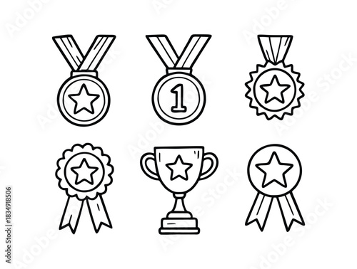 Black line-art icons of various medals, ribbons, and a trophy cup.