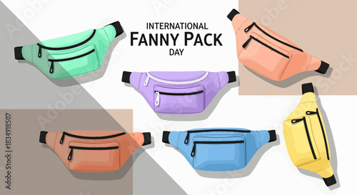 Vector illustration of colorful fanny packs celebrating International Fanny Pack Day on a neutral background.
