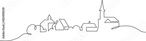 Continuous line drawing of a charming village with houses and a church skyline Vector