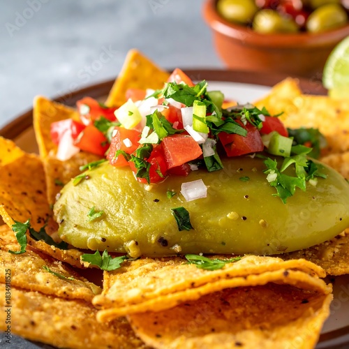 Close-up of a vibrant appetizer featuring crispy triangular chips, creamy avocado, and fresh, diced tomatoes and onions. Olives flank