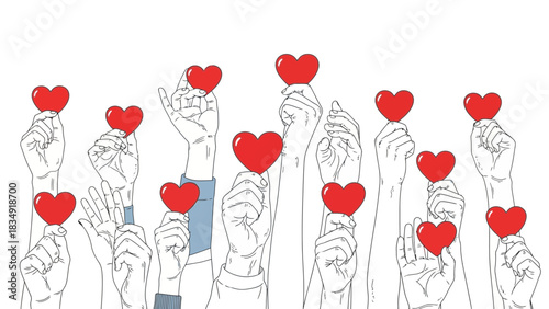 Crowd of hands raising red hearts, representing love, support, and community