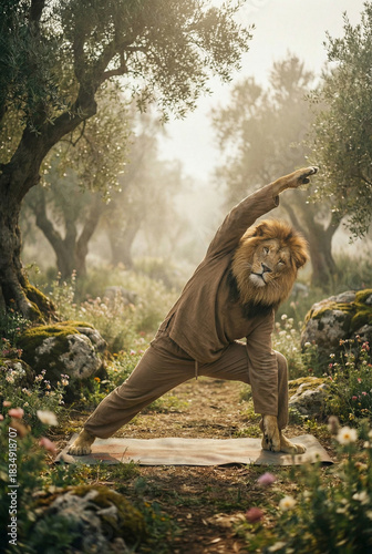 lion doing yoga surrounded by beautiful nature