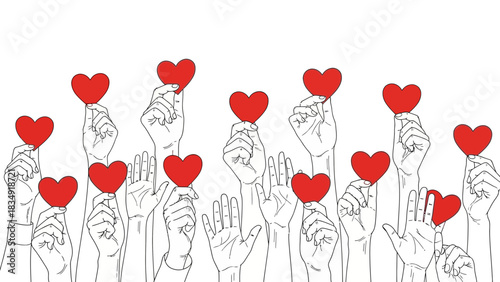 Unity and love: Illustration of hands raising hearts, symbolising affection and support