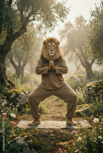lion doing yoga surrounded by beautiful nature