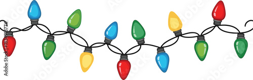 Festive and Colorful String of Christmas Lights Illustration, Bright Glowing Holiday Garland Vector Artwork, Perfect for Winter Celebration Design, Transparent Background, Editable Clipart.