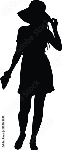 A blurred silhouette of a woman wearing a hat and dress high-quality
