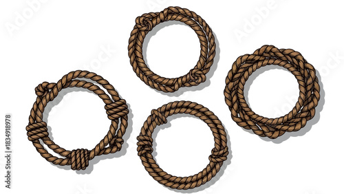 Isolated nautical rope knots in circular shapes over a clean white background