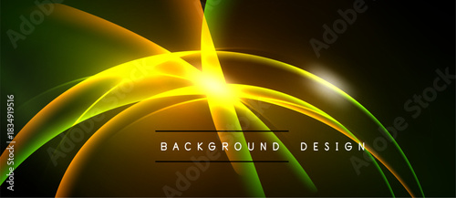 Bright abstract design features glowing curves, radiating light. Dark background emphasizes vibrant yellow, green hues. Modern aesthetic.