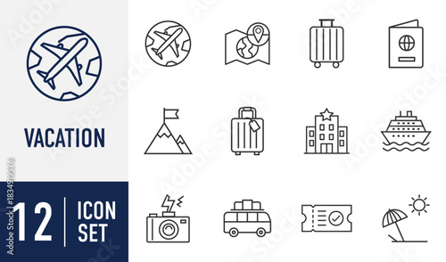 Vacation and Travel line icons set. depicting global flights, hotel stays, beach holidays, adventure, and luggage for your journey. Vector
