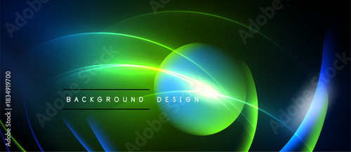 Abstract neon lines create vibrant background. Green, blue hues dominate composition. Text reads background design. Modern, dynamic visual.