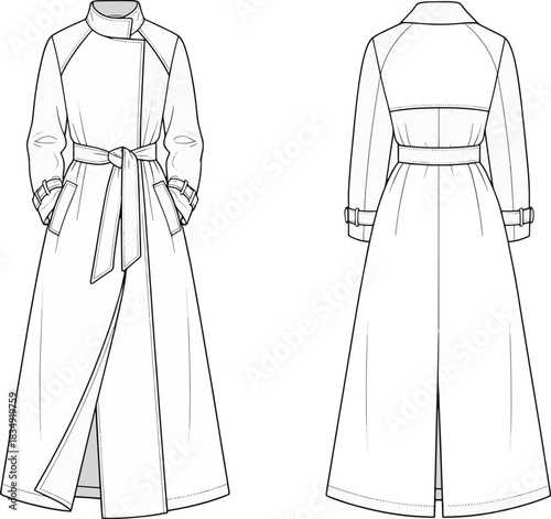 Technical Fashion Sketch: High-Collar Raglan Sleeve Maxi Trench Coat with Belt