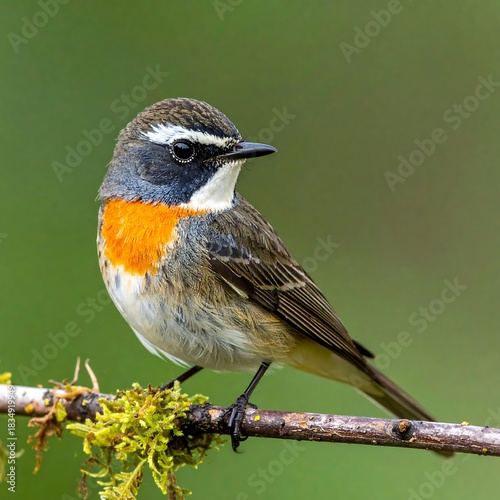 Close-up of a vibrant bird perched on a mossy branch, showcasing intricate feather details and striking colors. The bird is against a soft, green backdrop