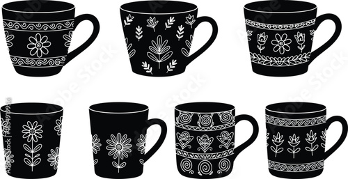 Black silhouette coffee mugs with floral doodle pattern, hand drawn decorative teacup collection, boho style cup set for digital design