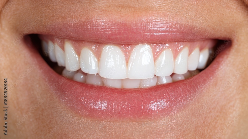 Obraz premium Bright white smile highlighting healthy teeth and gums captured in a close-up showcase of natural beauty and confidence in a casual setting