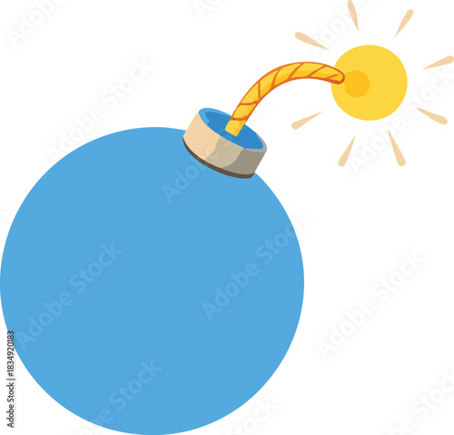 A cartoon illustration depicts a bright blue bomb with a lit fuse and