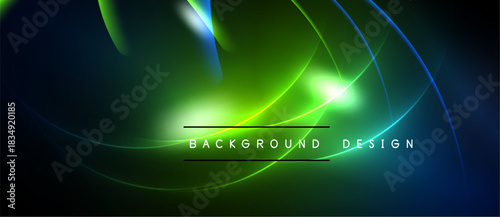 Abstract background features vibrant blue, green neon curves. Dynamic lighting creates futuristic visual effect. Simple text overlay present.