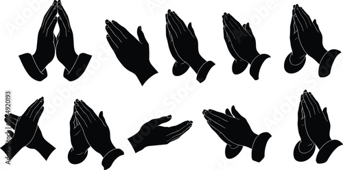 Clapping hands silhouette set, prayer and applause gesture collection, human hand poses for communication, support and appreciation design