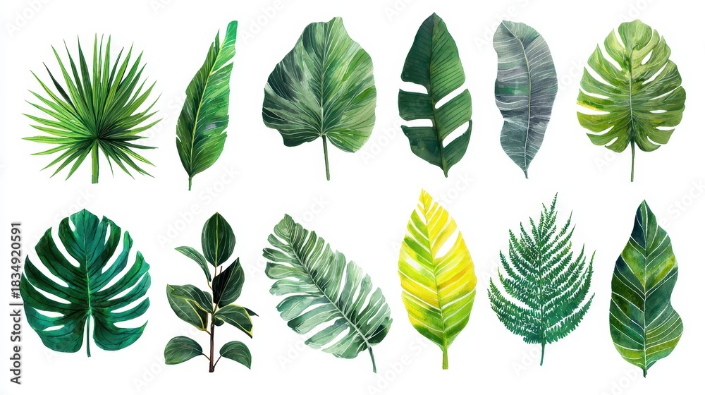 Fototapeta premium Collection of various green tropical leaves isolated on white for design and decor inspiration in natural themes