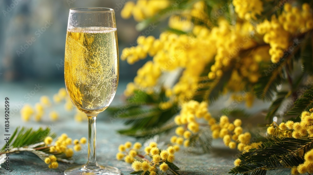 custom made wallpaper toronto digitalElegant champagne flute filled with refreshing mimosa drink beside vibrant mimosa flowers on a serene table
