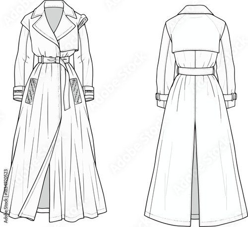 Technical Fashion Sketch: Modern Long Trench Coat with Check Panel Inserts and Wide Lapel Collar