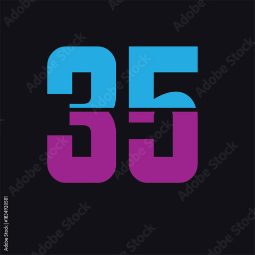 Stylized number thirtyfive with yellow fill and red outline on