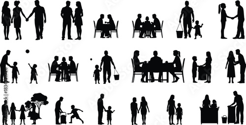 Collection of family silhouettes showing parents and children engaging in daily activities, communication, playtime, and bonding moments for creative design projects