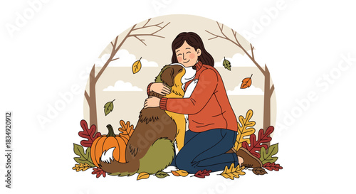 A happy young woman affectionately hugging her beloved dog in a beautiful autumn scene with falling leaves and a pumpkin.