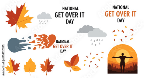A collection of vector illustrations for National Get Over It Day, featuring symbols of heartbreak, change, and new beginnings like autumn leaves and a sunrise.