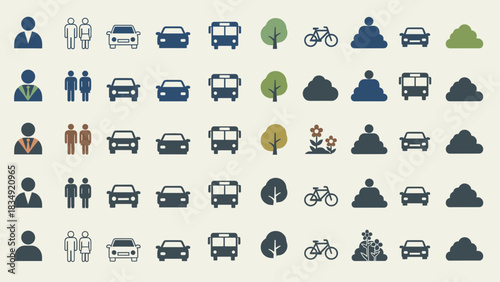 A collection of diverse flat design icons representing people, vehicles, and nature elements in various color schemes.