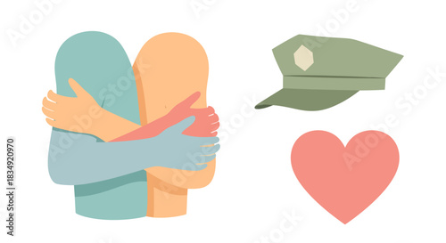 Conceptual illustration showing love and support for law enforcement with a hug, heart, and police cap.