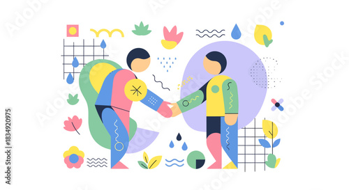 Modern flat vector illustration of two abstract people shaking hands, symbolizing partnership and agreement.