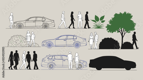 Collection of diverse people, cars, and plants in various styles for architectural and urban design renderings.