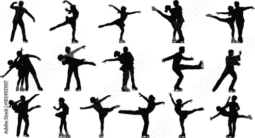 Collection of figure skating couple silhouettes performing elegant ice dance poses, perfect for sports design, winter activity illustrations, choreography concepts, and dynamic athletic artwork