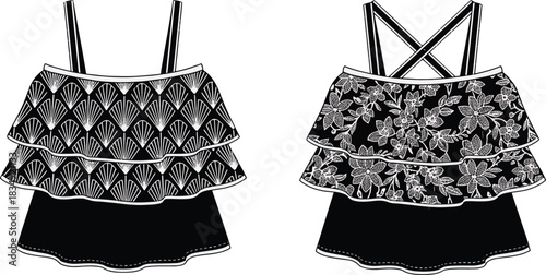 Technical Fashion Flat: Tiered Ruffle Crop Top with Shell and Floral Embroidery Prints, Dual Back Strap Design