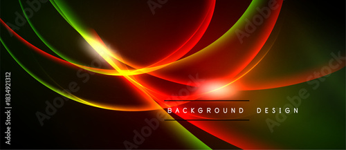 Dynamic abstract lines create vibrant energy. Red, green, yellow hues blend, forming flowing shapes against dark backdrop. Modern design element.