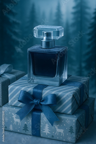 Fragrant Gift of Serenity: An elegant bottle of perfume rests atop a stack of exquisitely wrapped gifts. In the background.