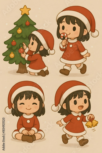 Festive Cheer: A quartet of adorably dressed figures celebrate the holiday season, complete with a beautifully adorned Christmas tree, evoking feelings of merriment.