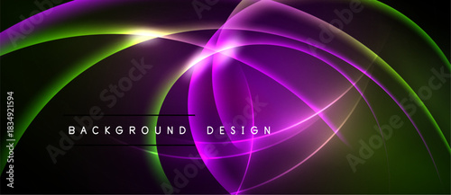Abstract neon lines create flowing shapes. Vibrant green, purple hues dominate dark background. Modern design element.