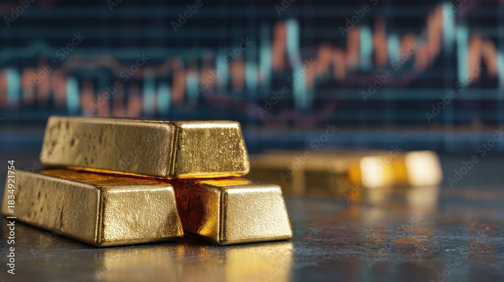 custom made wallpaper toronto digitalGold bars stacked on a reflective surface with financial graphs and data in the background