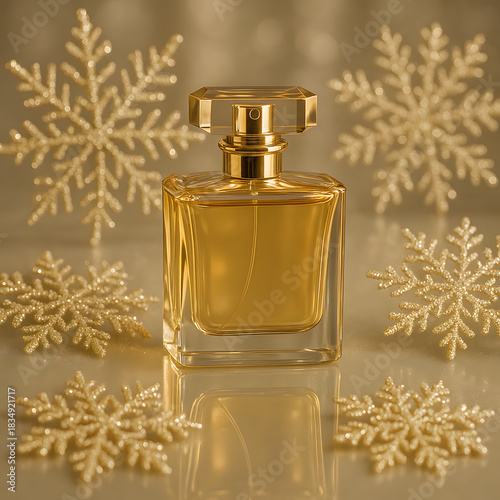 Golden Fragrance: A luxurious perfume bottle, adorned with elegant golden snowflakes, capturing the essence of holiday elegance and sophistication.