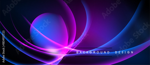 Abstract flowing shapes, vibrant blues, purples, pinks. Dynamic composition creates modern background design. Smooth gradients, elegant curves.