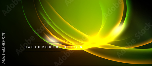 Abstract vibrant design. Green, yellow hues blend, creating flowing lines. Dark background emphasizes luminosity, modern aesthetic.