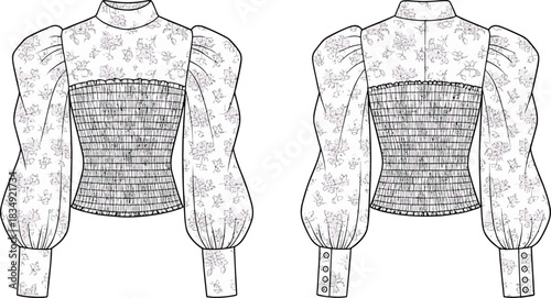 Technical Fashion Flat: High-Neck Blouse with Shirred Bodice, Puff Sleeves, and Floral Print Pattern