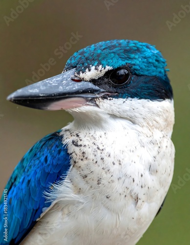 Close-up of a vibrant bird, showcasing a black beak, contrasting white breast & striking blue head and wings. Background blurred