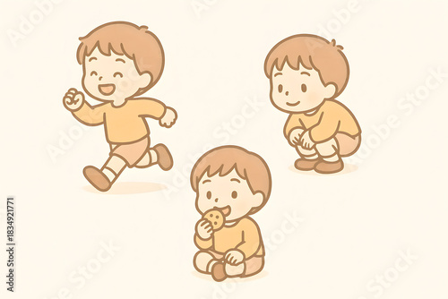Joyful Childhood Moments: A delightful illustration captures the essence of childhood, featuring three adorable kids engaged in playful activities. From running to enjoying a snack.