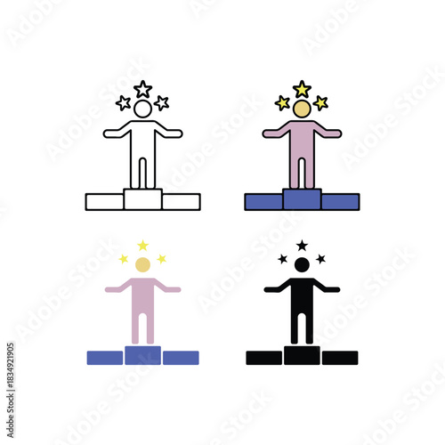 Icon set showing a man standing on a podium with three stars in line, color line, flat, and solid styles. Represents success, victory, leadership, motivation, ranking, and achievement.